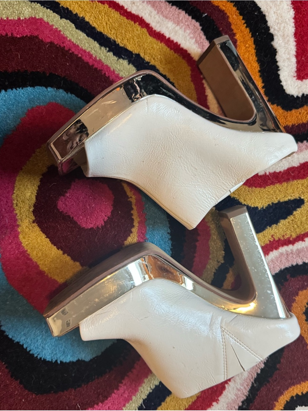 White Platform Mule Heels with Metallic Accents - Women